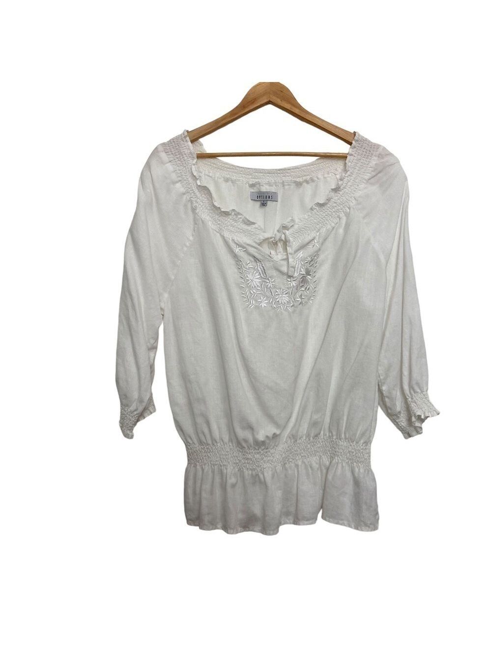 AUGUST Silk Options blouse 100% linen embroidered smock waist 3/4 sleeves Large